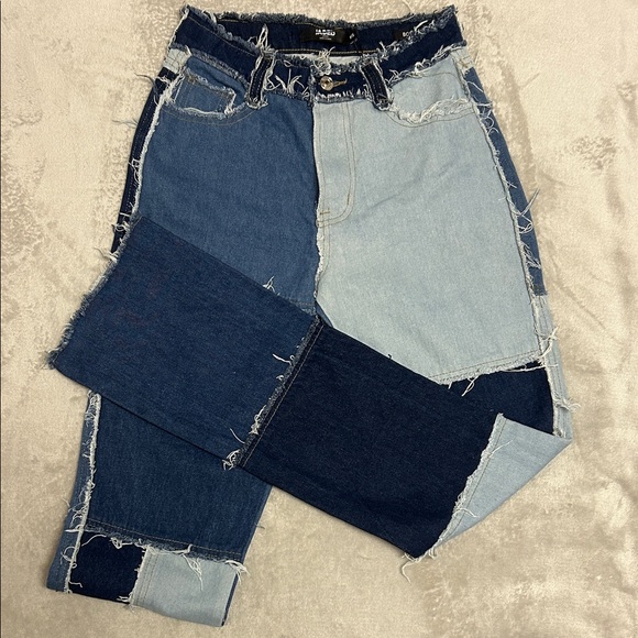 Jade Denim - Jade Women's Patchwork Ankle Jeans - Dark and Light Blue